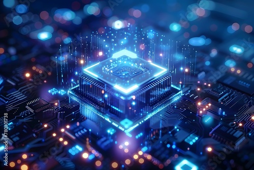 Technology abstract background of a quantum computing system with electronic circuit and processor. Neurons artificial, connections data global. © horizor