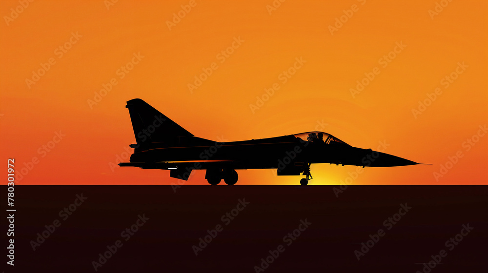 Naklejka premium A sleek fighter plane soaring against a vibrant sunset, Futuristic , Cyberpunk