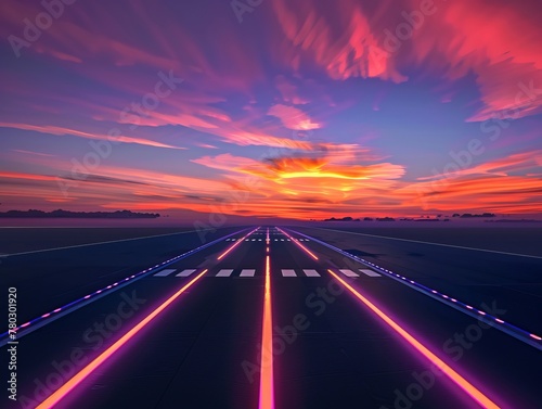 The runway stretching out into the distance under a colorful evening sky , Futuristic , Cyberpunk