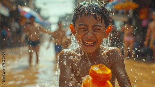 Songkran festivities with an epic water fight featuring crowds of children playing with water blasters and buckets.