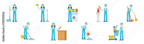 Cleaning Service with Professional Man and Woman Worker Character Vector Set