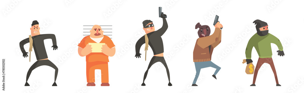 Man Criminal and Convict as Thief and Robber Vector Set Man Criminal and Convict as Thief and Robber Vector Set