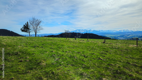 Góry, panorama Tatr w Polsce wiosną, widok z polany w Pieninach. © Franciszek
