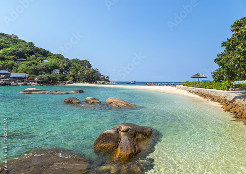 Landscape view tropical turquoise sea with sunny beach at Koh Nang Yuan paradise island suratthani , Thailand.Destination summer holiday concept.