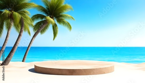 A sandy podium. Palm trees line the sandy beach as waves crash on the shore of the ocean in this tropical scene. Product background