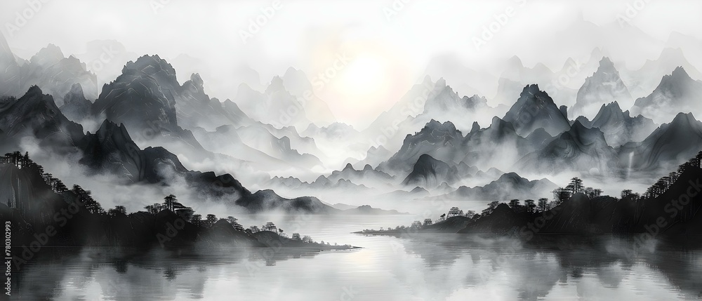 Misty Mountain Serenity: Ink Wash Wallpaper. Concept Nature Photography, Mountain Scenery, Ink Wash Art, Wallpaper Design
