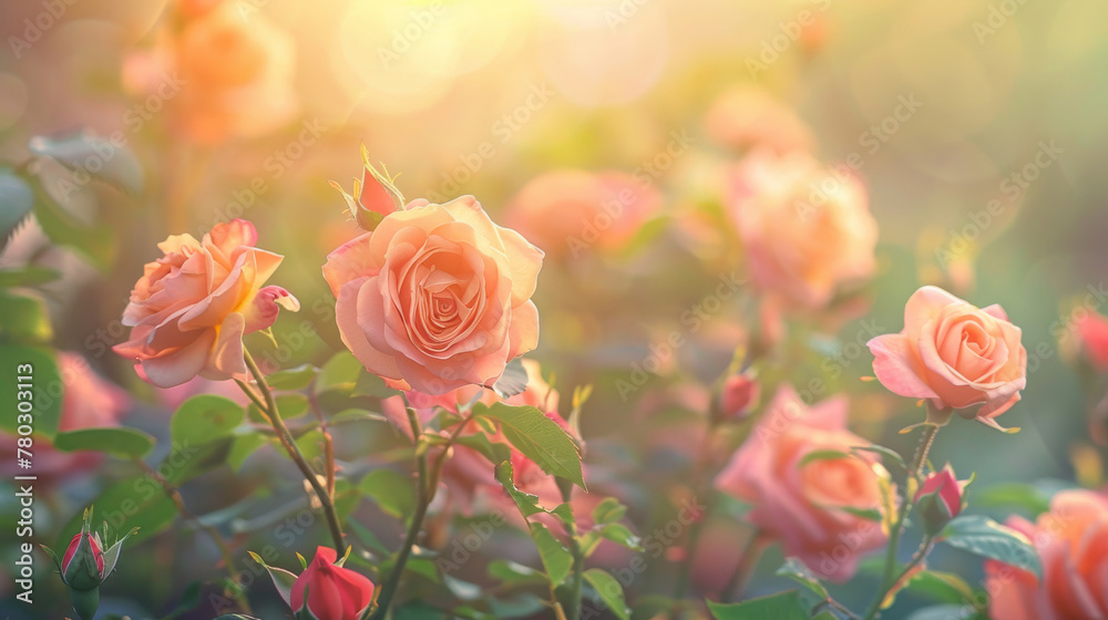 Obraz premium Tranquil scene of roses blooming in a garden, with the soft light of dawn in spring.
