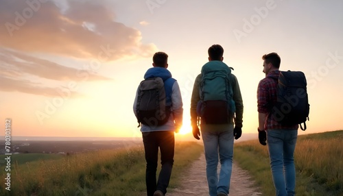Three friends wearing backpacks are hiking up a steep hill together