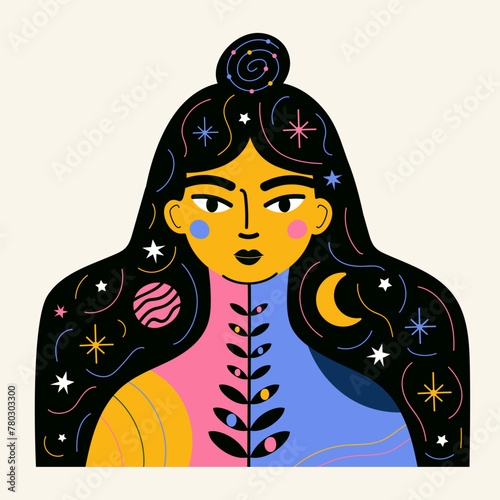 Vector illustration with long hair woman, abstract elements, stars and planets. Nature universe female poster, home decoration print design © julymilks