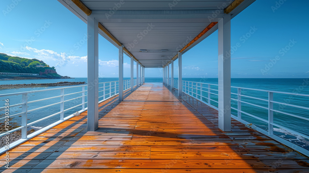 Wooden pier extending over calm ocean waters under clear blue skies at midday, showcasing serene coastal beauty and inviting tranquility Wooden pier extending over calm ocean waters under clear blue skies at midday, showcasing serene coastal beauty and inviting tranquility