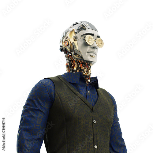 Corporate Android: A Sophisticated Businessman Robot Donning a Suit and Golden Glasses, Embracing the Bitcoin Era