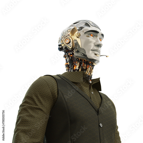 Professionalism Personified: Suited Business Robot Embraces Modernity with headphones as Reliable Support