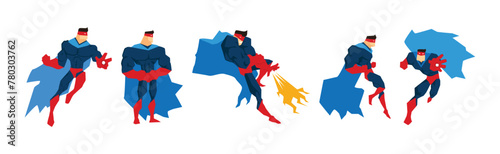 Muscular Man Superhero Character in Red and Blue Suit in Different Pose Vector Set photo