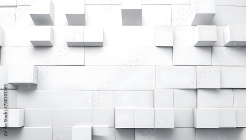 A room filled with numerous white cubes neatly stacked next to a vibrant blue wall, creating a striking visual contrast. photo