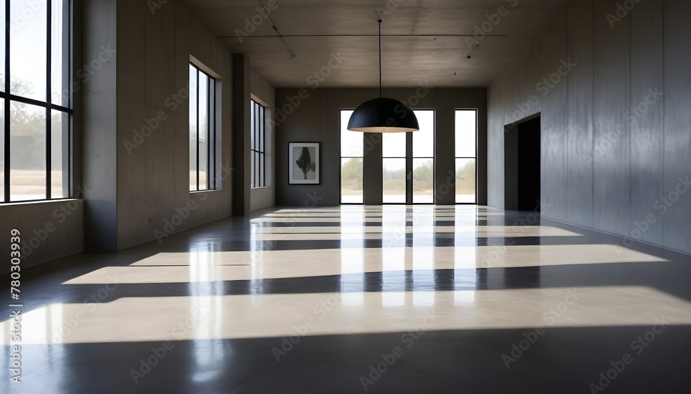 An empty room with tall, expansive windows and walls made of concrete materials