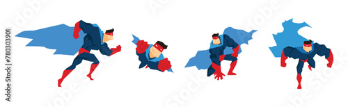 Muscular Man Superhero Character in Red and Blue Suit in Different Pose Vector Set