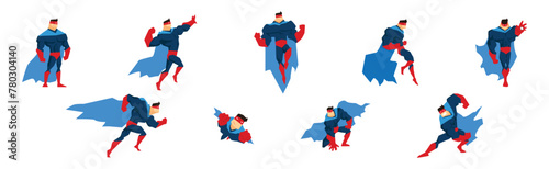 Muscular Man Superhero Character in Red and Blue Suit in Different Pose Vector Set