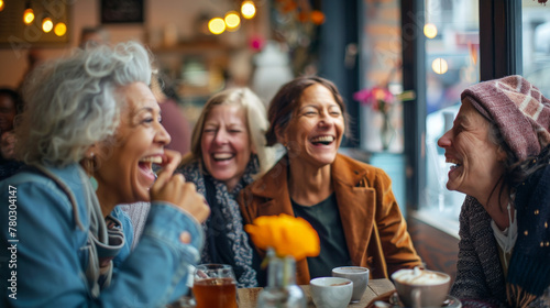  Elderly Friends Enjoying a Moment of Mirth in a Sun-Drenched Café