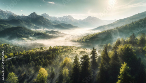 Morning aerial landscape with forest and mountains