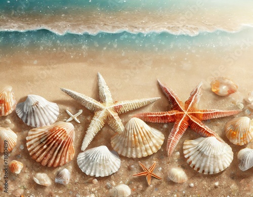Seashells and starfish arranged on a sandy beach with the ocean in the background
