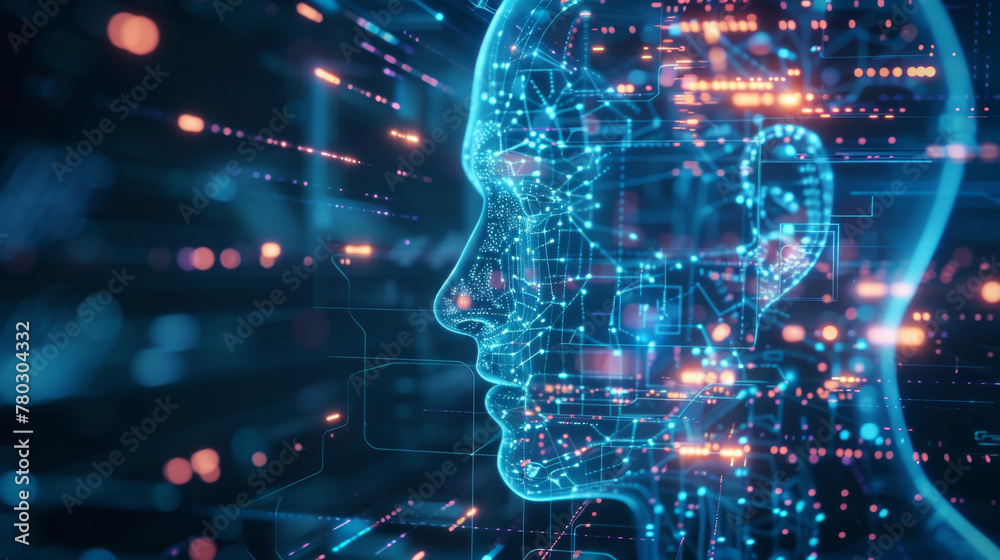 Fototapeta premium A hologram face with a blue futuristic technology background, artificial intelligence concept.