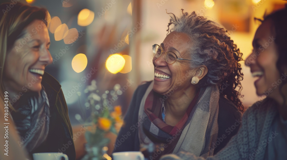 Joyful Multiethnic Senior Women Sharing a Laugh at a Cozy Cafe Joyful Multiethnic Senior Women Sharing a Laugh at a Cozy Cafe