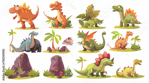 Cartoon funny dinosaur collection with prehistoric background