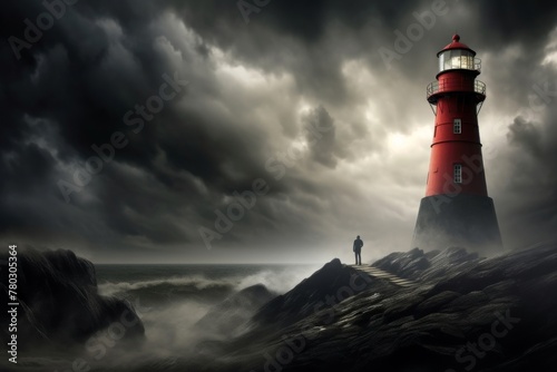 The figures seem to be in perfect equilibrium with the lighthouses stoic presence photo