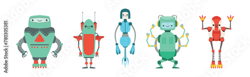 Cute Little Robot with Metal Parts Vector Set
