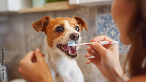 Woman brushing her teeth with a toothbrush and dog Jack Russell Terrier. 
