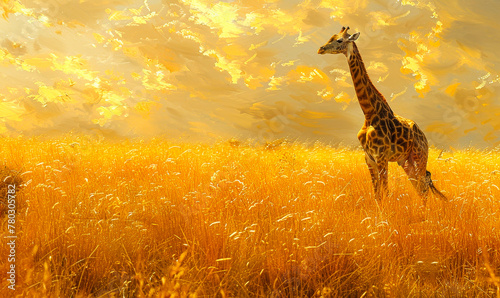 Serenade of the Savannah  Graceful Giraffe Amidst Golden Sunset Flora