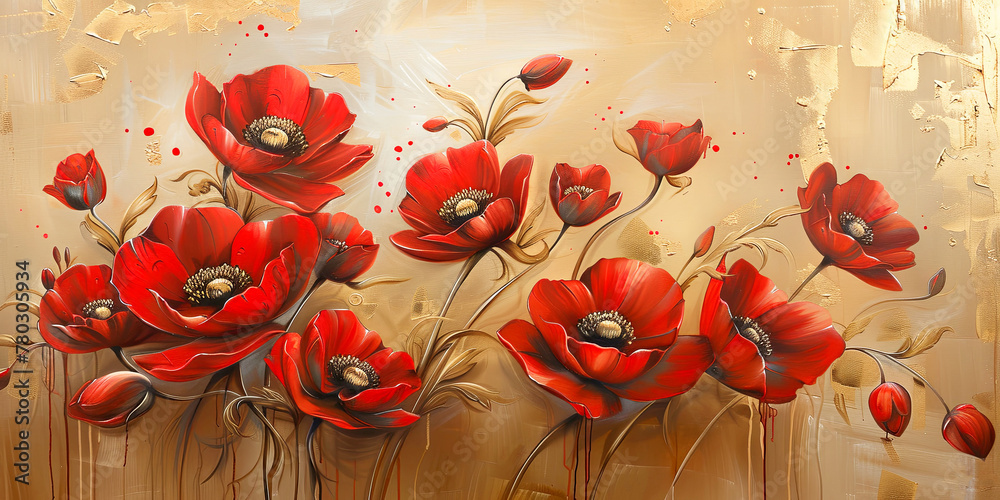 Red elegance anemone  oil painting. Banner with beautiful spring flower. - obrazy, fototapety, plakaty 
