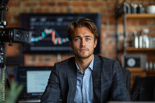 A young man hosting a video blog session, engages with his audience about cryptocurrency trading, with dynamic digital charts displayed in the background.