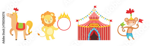 Circus Artist Character with Horse, Lion and Monkey Vector Set
