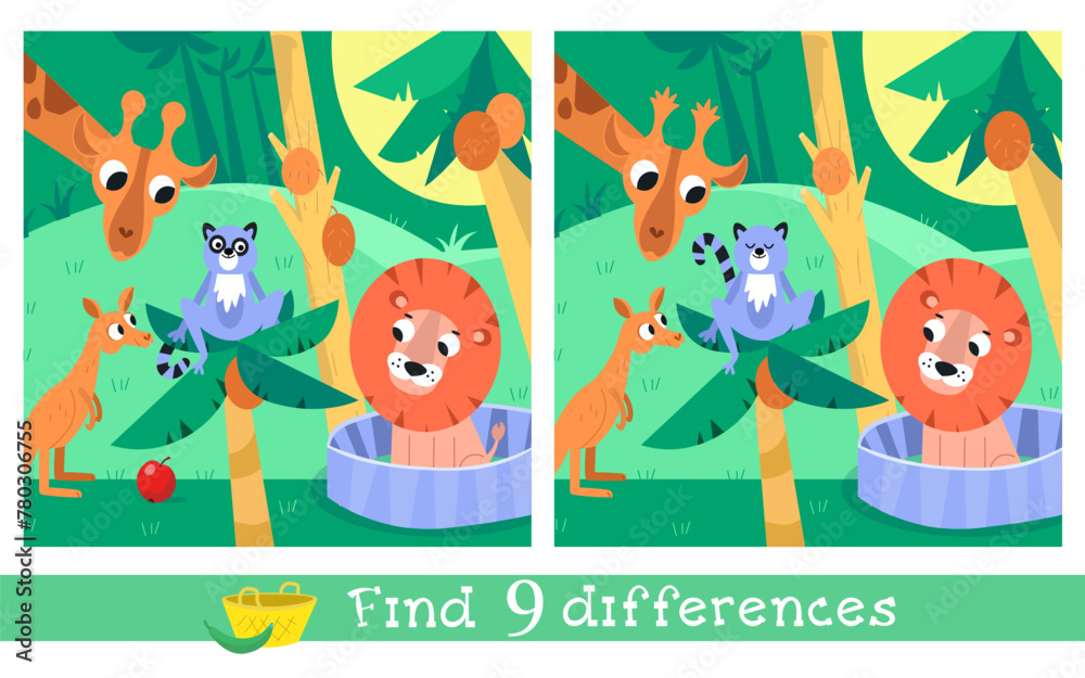 Find 7 differences. Puzzle game for children. Cute animals at zoo. Vector cartoon illustration. Funny bird animal. Find 7 differences. Puzzle game for children. Cute animals at zoo. Vector cartoon illustration. Funny bird animal.