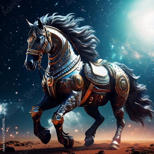 caballo con armadura peleando en el espacio, color azul, guerrero, constelaciones de fondo photo