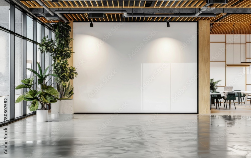 Modern coworking office interior with blank white mock up banner on wall, panoramic windows and city view, daylight, wooden flooring, furniture and decorative plant. 3D Rendering