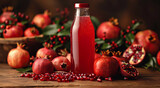 Bottle of fresh cold pomegranate juice with slices and seeds on table and pomegranate field background.Macro.AI Generative