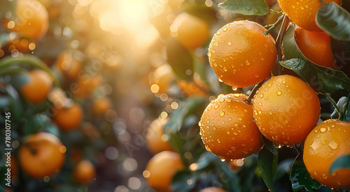 Raw ripe fresh oranges with leaves hanging on orange harvest plantation field background.Macro.AI Generative.