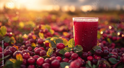 Glass of cold fresh healthy cranberry juice in cranberry harvest plantation field background.Macro.AI Generative. © DenisMArt