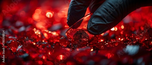 Evidence Unearthed: Fingerprints on Crimson Shards. Concept Murder Investigation, Forensic Analysis, Clues Uncovered, Suspect Identification, Crime Scene Discovery photo