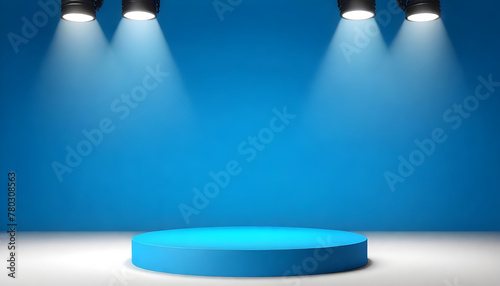 A blue podium stands under a bright spotlight against a blue background