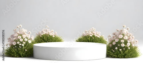 A white podium stands in the center, adorned with colorful flowers and lush greenery