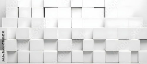 A room filled with numerous white cubes neatly stacked next to a vibrant blue wall  creating a striking visual contrast.