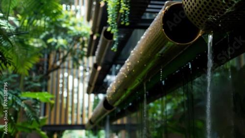 The intricate details of a rainwater harvesting system capturing the ecofriendly design of a city building and its emphasis on water conservation. photo