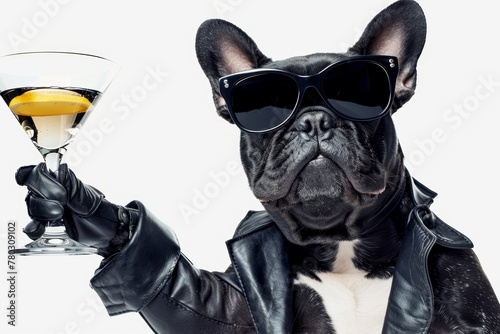 A black bulldog wearing black leather jacket and sunglasses holding a glass of cocktail juice in hand, wearing black leather gloves, AI Generated. © MeSSrro