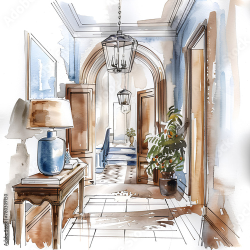 Watercolor Illustration of a Classic Corridor with Arched Doorways and Pendant Lighting