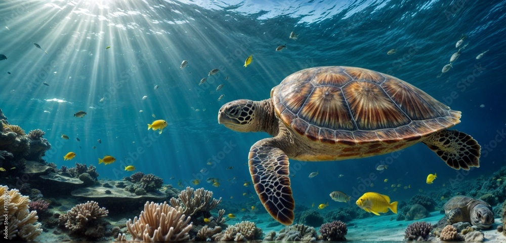 Obraz premium Turtle with group of colorful fish and sea animals with colorful coral underwater in ocean