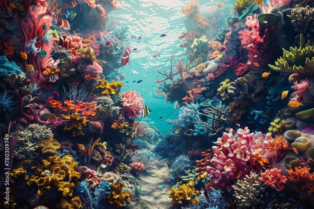 Underwater landscape, colorful coral reefs and exotic marine life