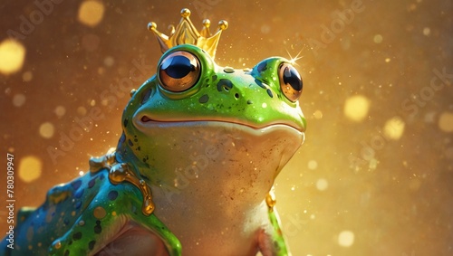 The image of a frog prince up close with a sparkling golden crown conveys a sense of royalty, expectation, and the enchanting essence of the frog prince folklore